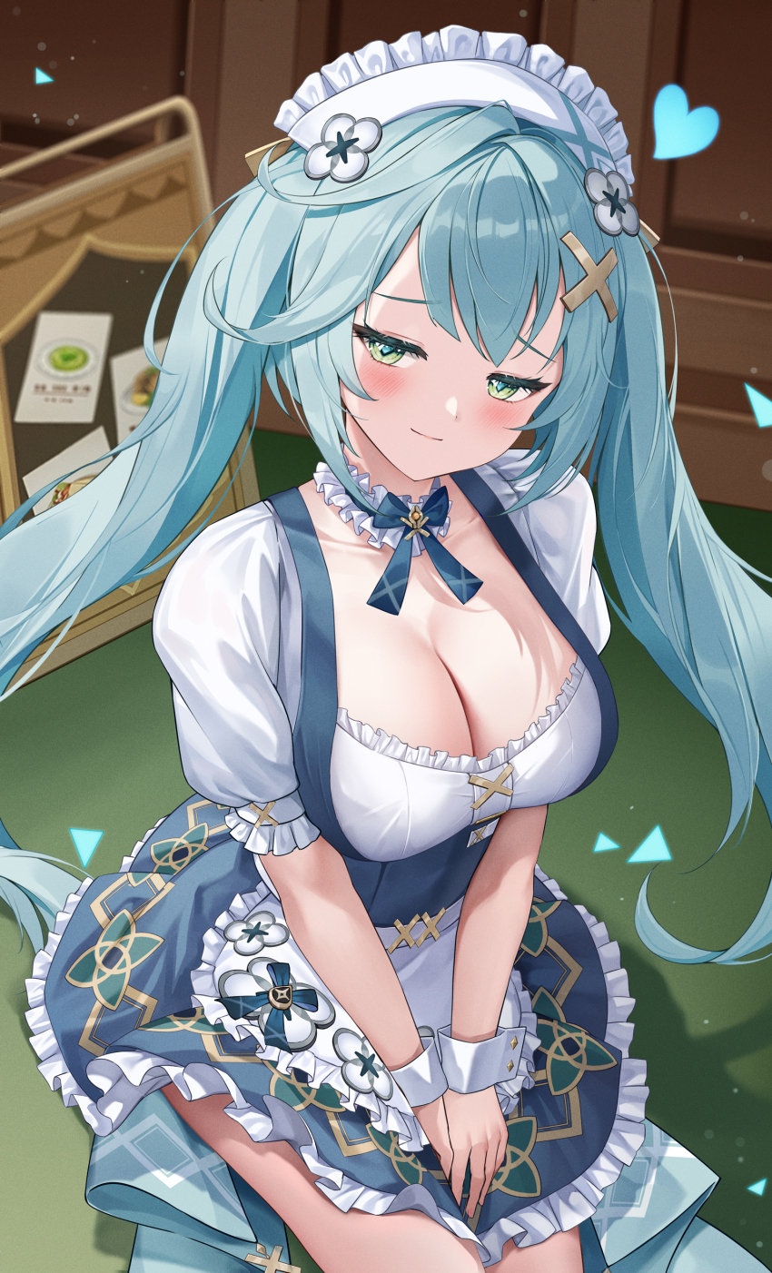 1girl, absurdres, alternate_breast_size, anemo_symbol_(genshin_impact), apron, aqua_hair, aqua_pupils, blue_dress