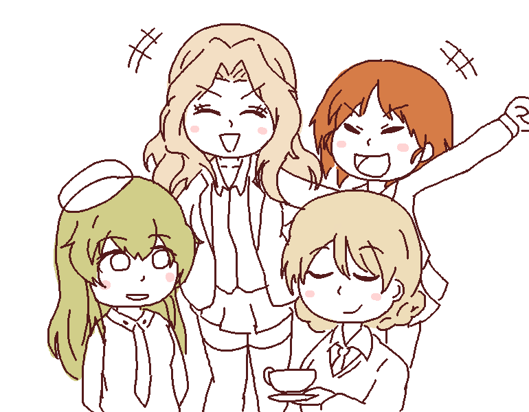 4girls, anzio_school_uniform, aqclk, blonde_hair, braid, carpaccio_(girls_und_panzer), darjeeling_(girls_und_panzer), girls_und_panzer