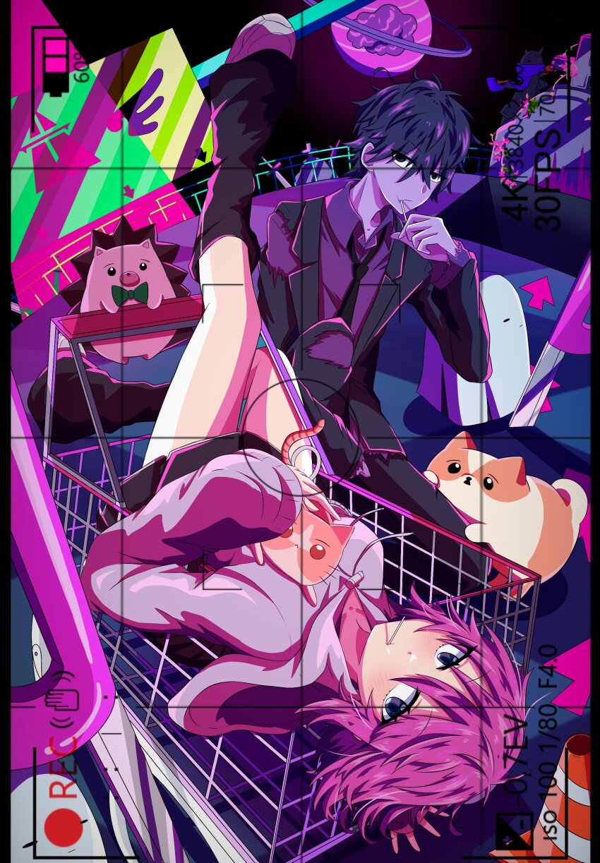 1girl, 2boys, absurdres, bare_legs, black_dress, black_eyes, black_hair, black_jacket