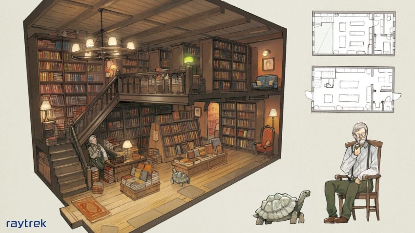 1boy, armchair, banister, book, bookshelf, bookstore, brown_footwear, cash_register