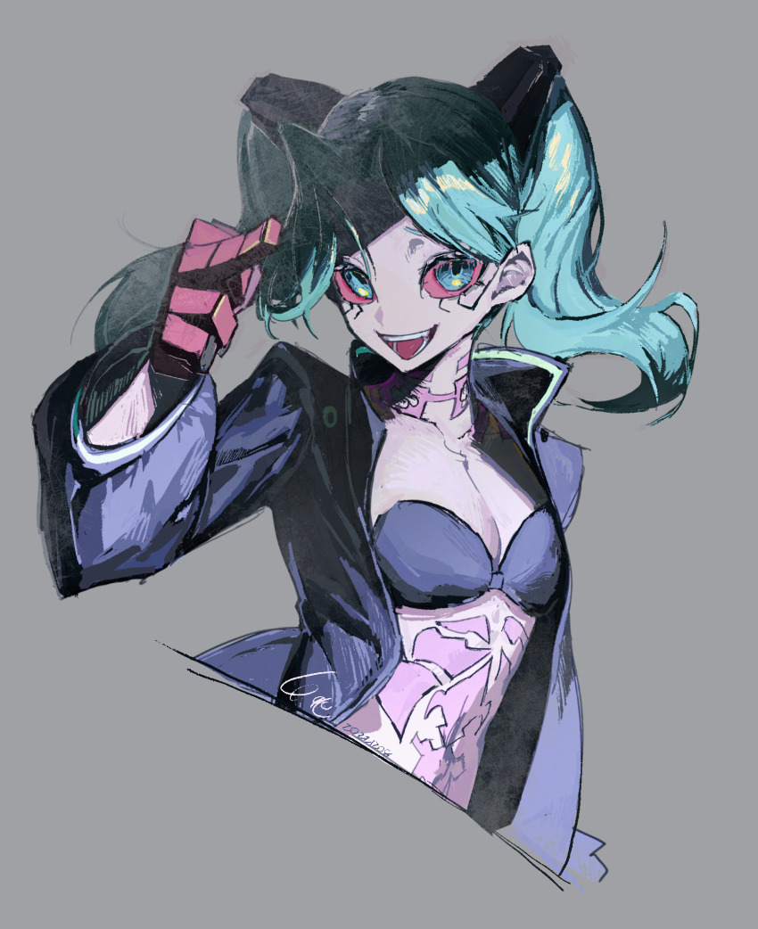 1girl, alariess, aqua_eyes, aqua_hair, black_bra, black_jacket, bra, chinese_commentary