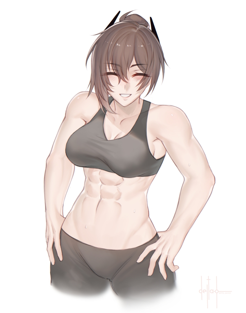 1girl, abs, alternate_costume, bare_shoulders, black_pants, black_sports_bra, blush, breasts