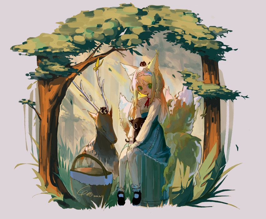 1girl, alariess, animal_ears, arknights, black_cat, blonde_hair, blue_skirt, breasts