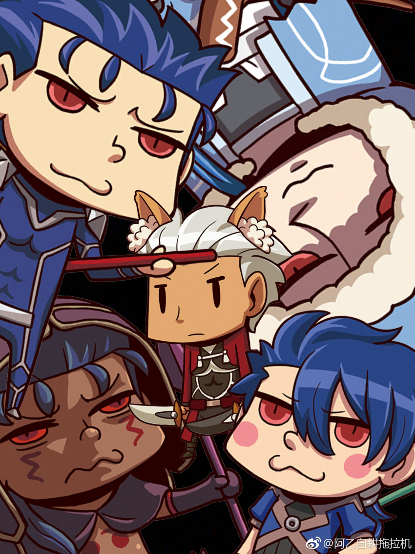 5boys, :3, archer_(fate), black_background, black_bodysuit, blue_bodysuit, bodysuit, chibi