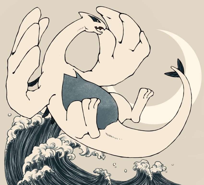 commentary_request, crescent, fangs, fine_art_parody, full_body, gen_2_pokemon, grey_background, legendary_pokemon, looking_ahead, lugia, nihonga, nintendo, no_humans, open_mouth, parody, pokemon, pokemon_(creature), simple_background, solo, taiyakineco, ukiyo-e, waves