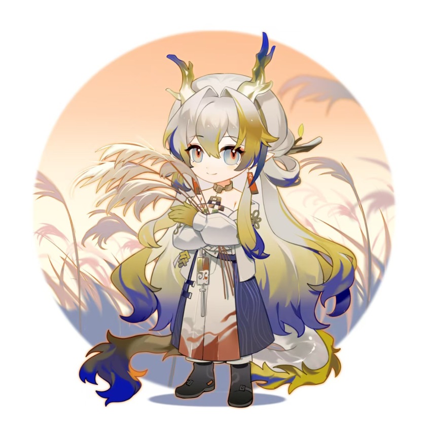 1girl, arknights, bare_shoulders, blonde_hair, border, chibi, chibi_only, chinese_commentary