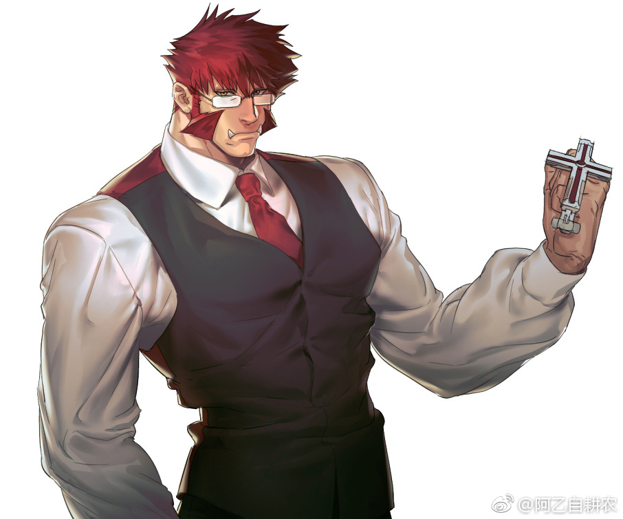 1boy, black_vest, closed_mouth, collared_shirt, commentary_request, cross, facial_hair, fangs