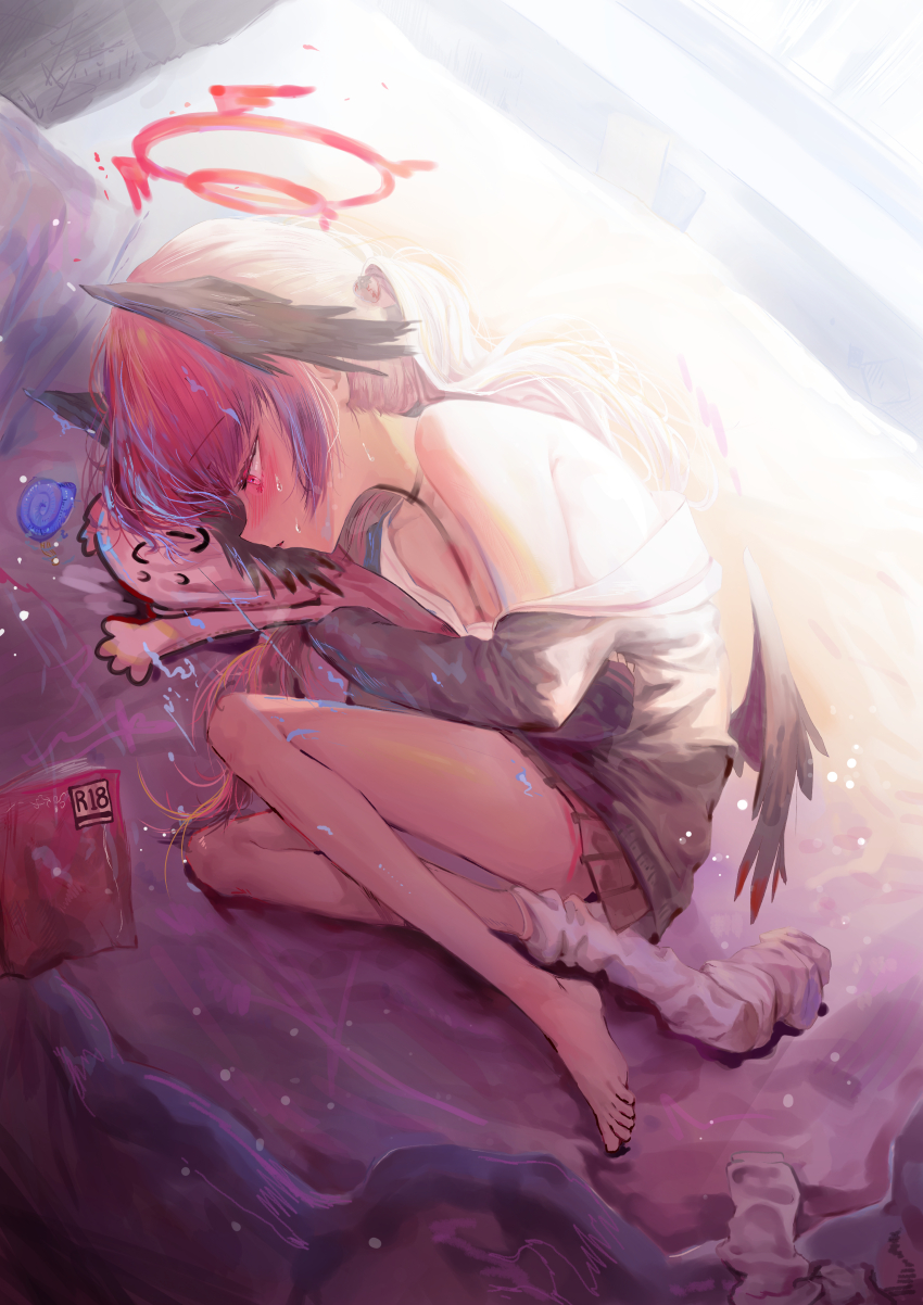 1girl, absurdres, barefoot, black_shirt, black_wings, blue_archive, blush, book