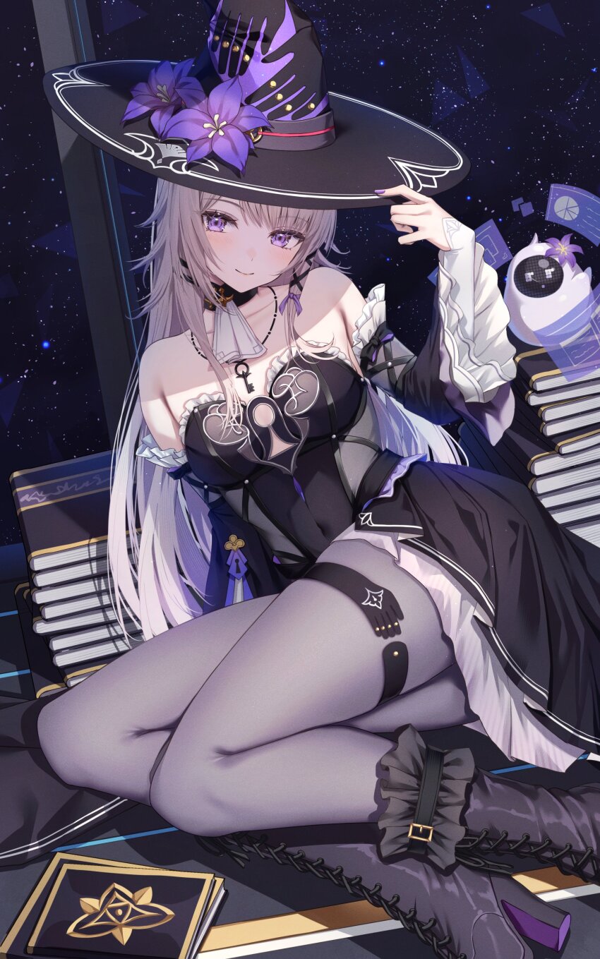 1girl, absurdres, ascot, bare_shoulders, black_dress, black_sleeves, book, book_stack