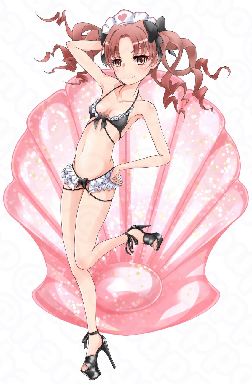 1girl, absurdres, arm_behind_head, bikini, black_bikini, black_ribbon, breasts, brown_eyes, brown_hair, commentary_request, frilled_bikini, frills, full_body, hair_ribbon, hamuppo, hand_on_own_hip, heart, high_heel_sandals, high_heels, highres, platform_sandals, ribbon, sandals, scallop, shirai_kuroko, simple_background, skinny, small_breasts, solo, standing, standing_on_one_leg, swimsuit, toaru_kagaku_no_railgun, toaru_majutsu_no_index, twintails, white_background
