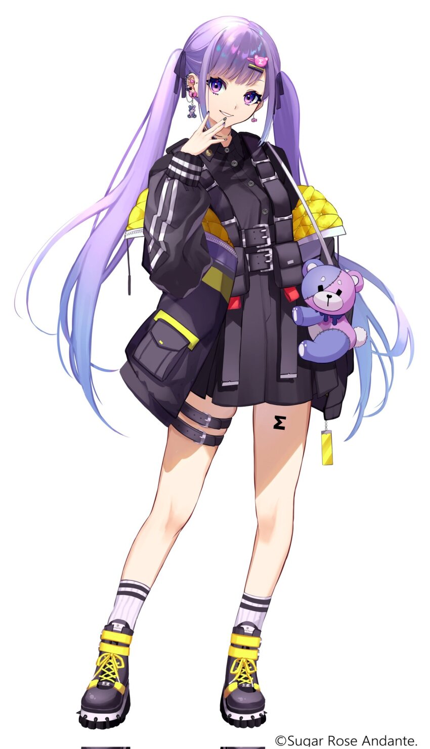 1girl, black_ribbon, black_shirt, commentary_request, copyright_name, earrings, full_body, hair_ornament