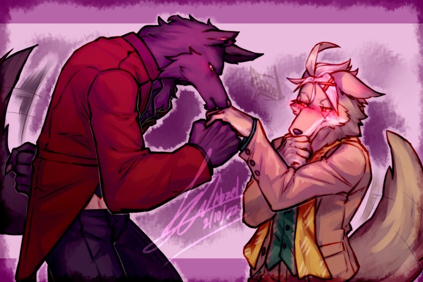 2boys, animal_ears, arm_behind_back, bara, black_fur, black_pants, blush, brown_pants