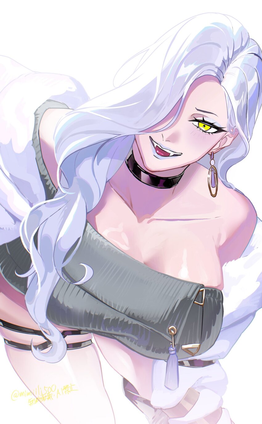 1girl, bare_shoulders, blue_lips, breasts, choker, cleavage, collarbone, dress, earrings, eyeliner, fangs, fate/grand_order, fate_(series), grey_dress, hair_over_one_eye, highres, hoop_earrings, jacket, jewelry, large_breasts, leaning_forward, long_hair, long_sleeves, looking_at_viewer, makeup, mimiiri, off_shoulder, hebi_nyoubou_(fate), open_mouth, smile, solo, sweater, sweater_dress, tassel, thigh_strap, thighs, white_hair, white_jacket, yellow_eyes