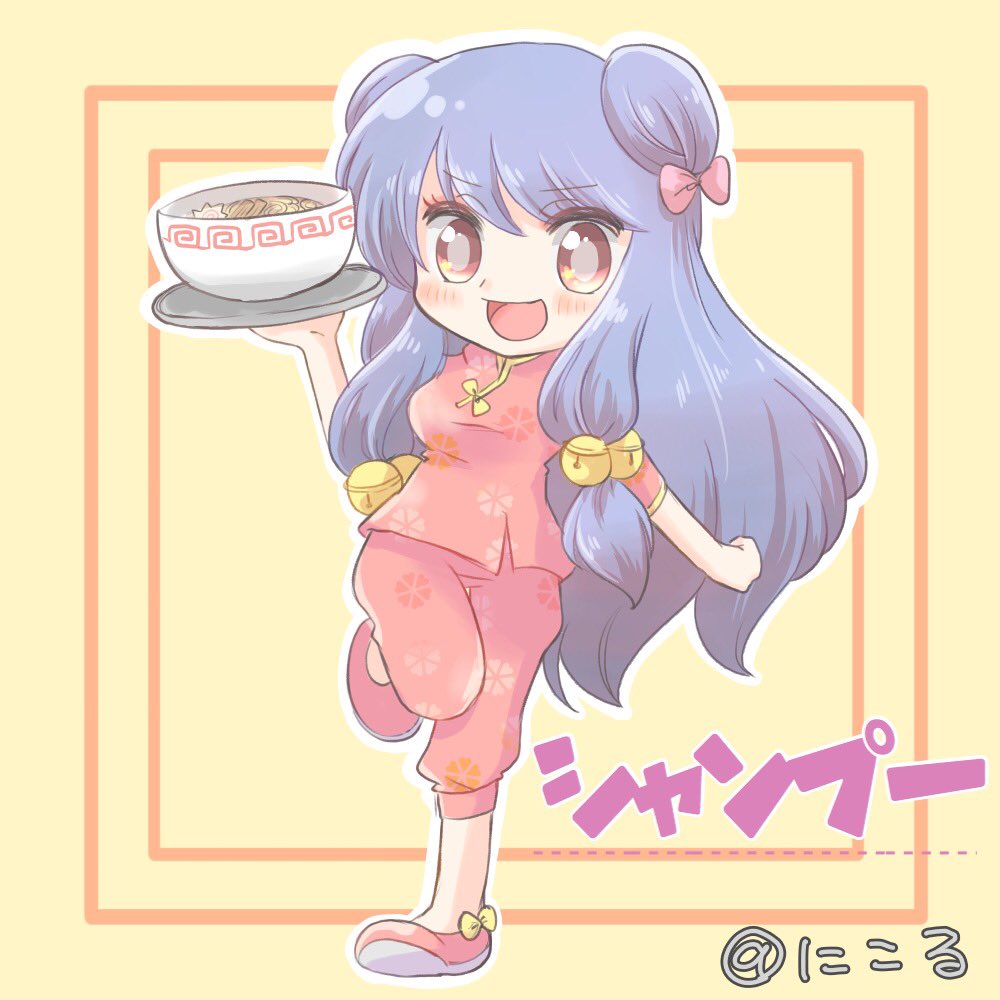 1girl, bell, blush, bow, bowl, brown_eyes, chibi, chinese_clothes