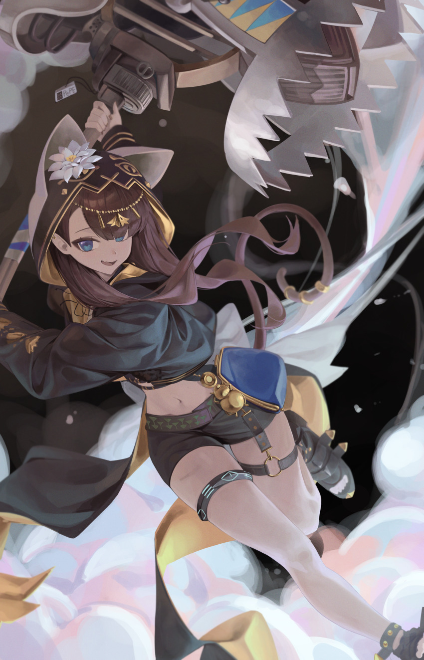 1girl, absurdres, animal_ear_hood, animal_ears, arknights, arm_up, black_jacket, black_sandals