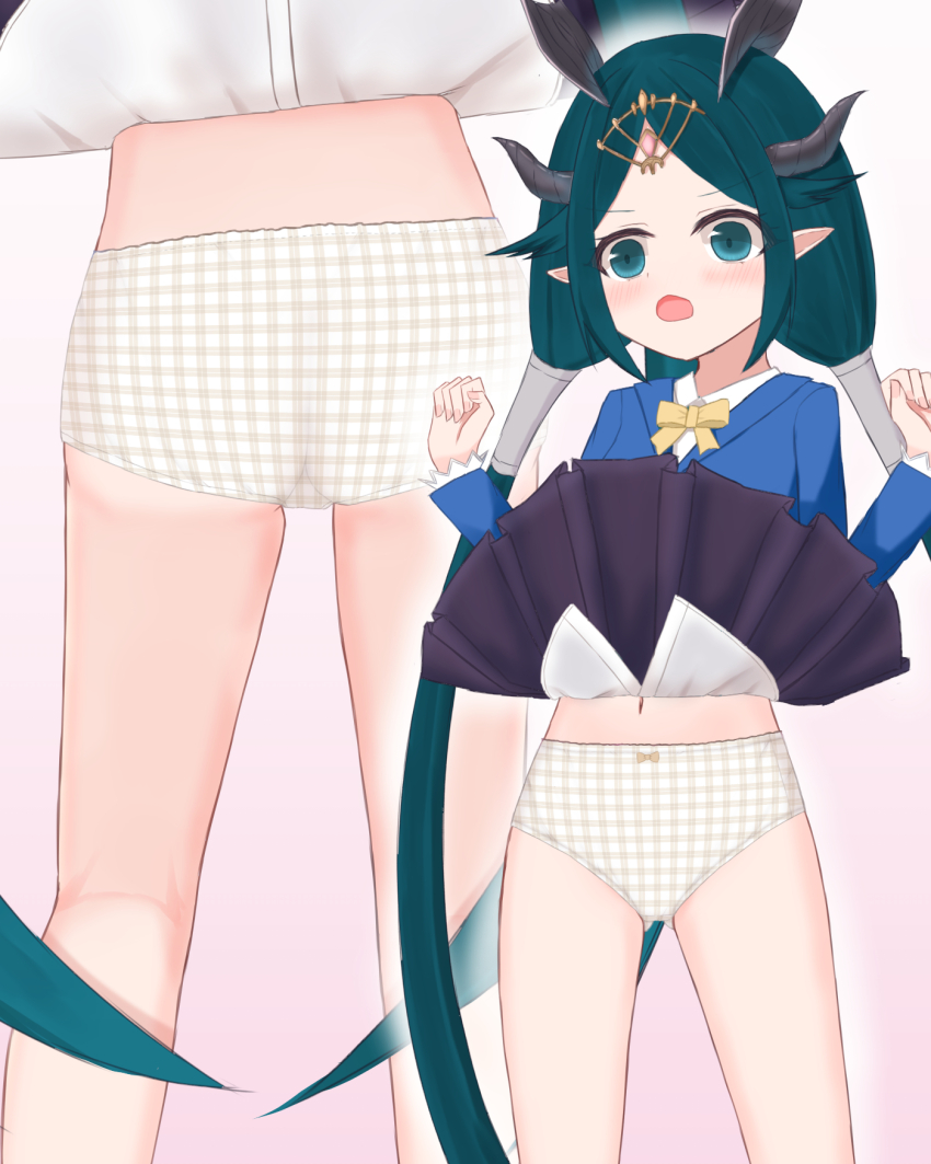 1girl, ass, black_skirt, blue_eyes, blue_hair, blue_jacket, blush, bow, bow_panties, bowtie, brown_bow, brown_panties, cowboy_shot, dragon_girl, dragon_horns, female_focus, gingham_clothes, gingham_panties, hair_tubes, highres, horns, ina_(p&amp;d), jacket, loli, long_hair, long_sleeves, looking_at_viewer, looking_down, low_twintails, multiple_views, navel, open_mouth, panties, pink_background, pointy_ears, puzzle_&amp;_dragons, school_uniform, shirt, shooko, skirt, standing, surprised, tiara, twintails, two-tone_panties, underwear, white_panties, white_shirt, wind, wind_lift, yellow_bow, yellow_bowtie
