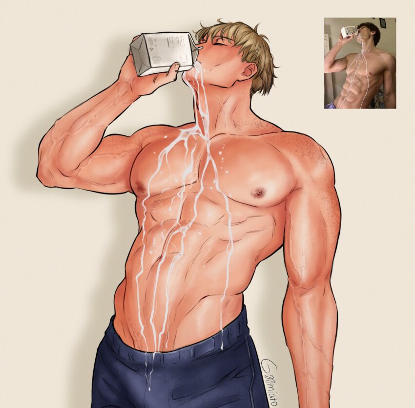 1boy, abs, absurdres, artist_name, bara, blonde_hair, closed_eyes, collarbone, cowboy_shot, drink_carton, g00miato, grey_background, highres, jujutsu_kaisen, large_pectorals, male_focus, milk_carton, muscular, muscular_male, nanami_kento, navel, nipples, pants, pectorals, photo-referenced, reference_inset, short_hair, solo, topless_male, v-taper, veins