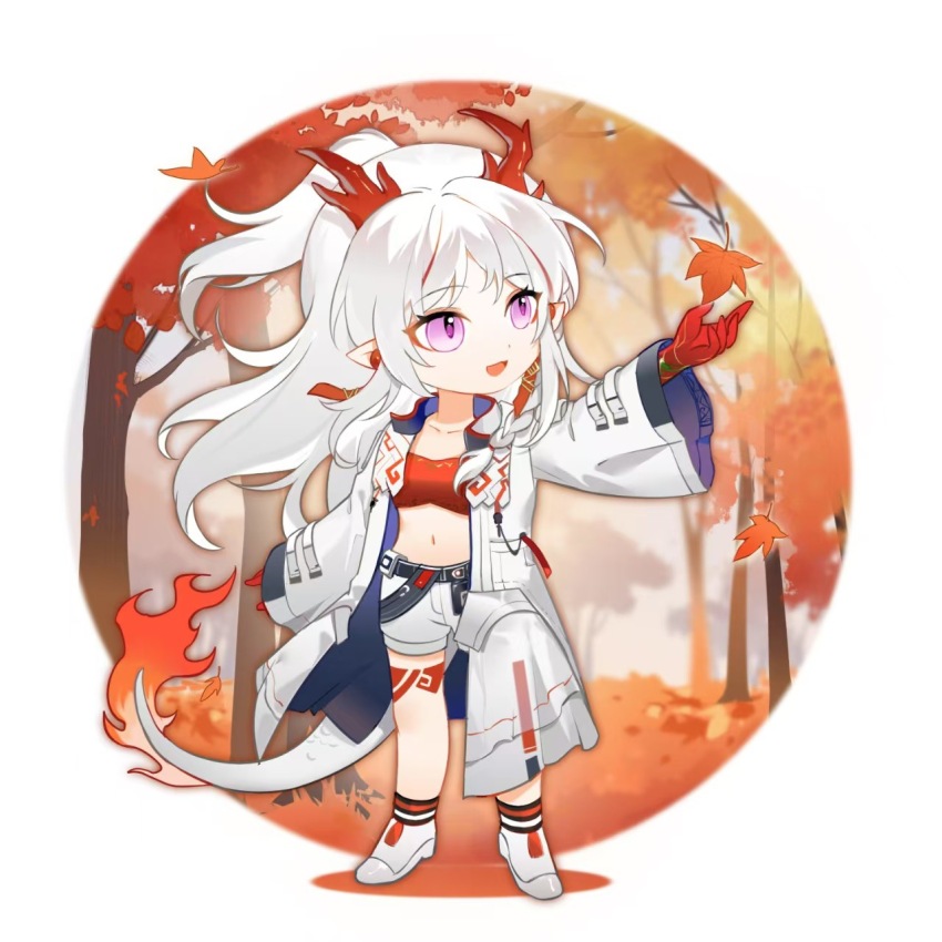 1girl, :d, arknights, arm_up, autumn_leaves, bandeau, border, chibi