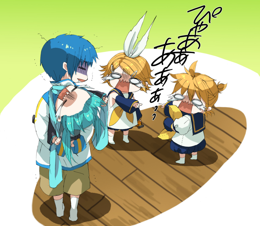 2boys, 2girls, aqua_hair, bad_id, bad_pixiv_id, blonde_hair, blue_hair, blue_scarf