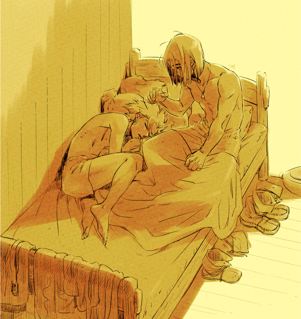2boys, barefoot, belt, blanket, boots, briefs, camus_(dq11), commentary_request