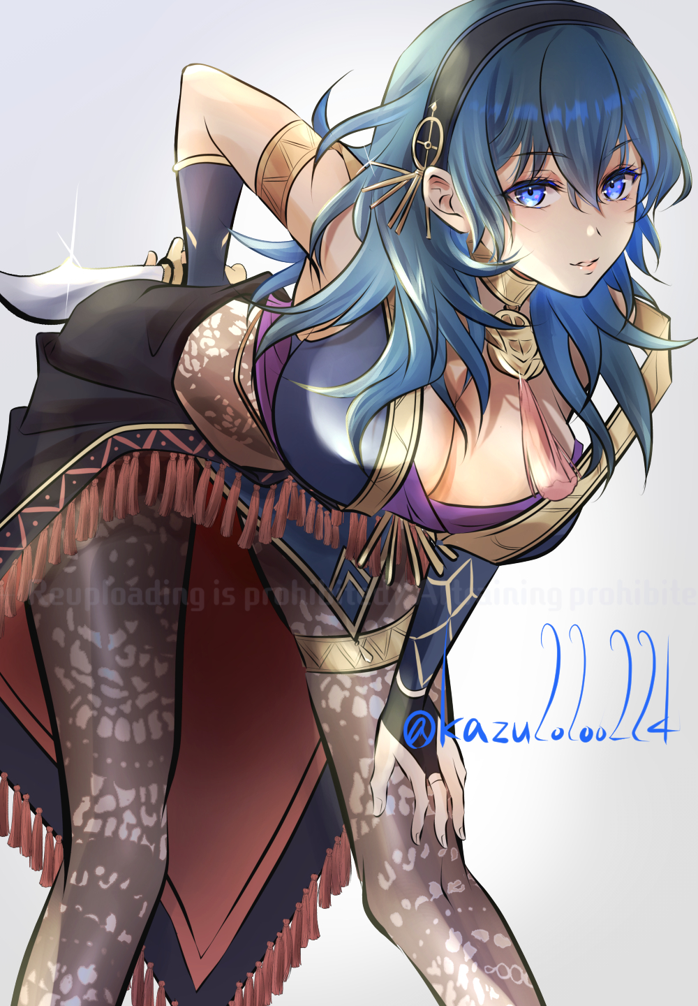 1girl, black_hairband, blue_eyes, breasts, female_byleth_(fire_emblem), female_byleth_(jehanna)_(fire_emblem), cleavage, dagger