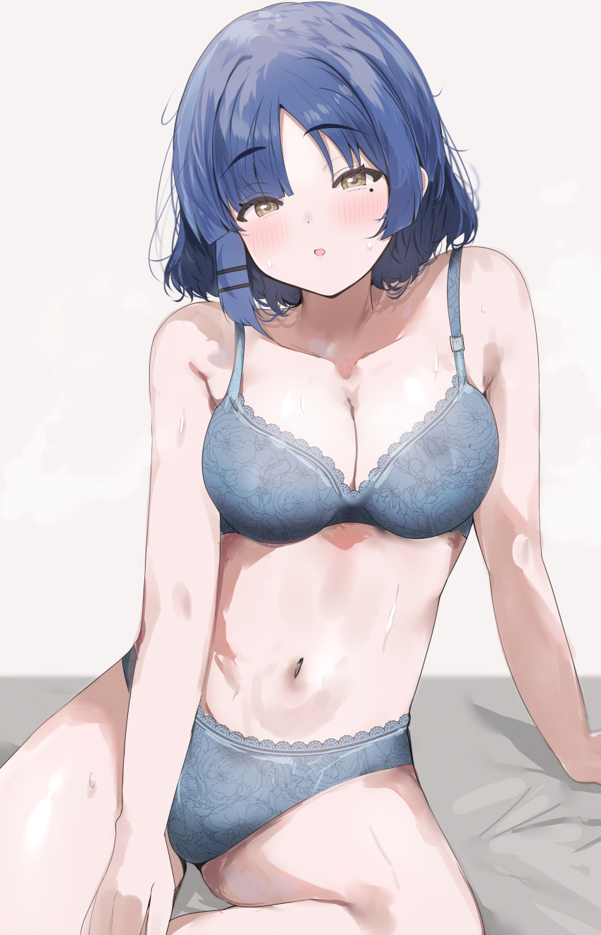 1girl, :o, absurdres, alternate_breast_size, bed_sheet, blue_bra, blue_hair, blue_panties