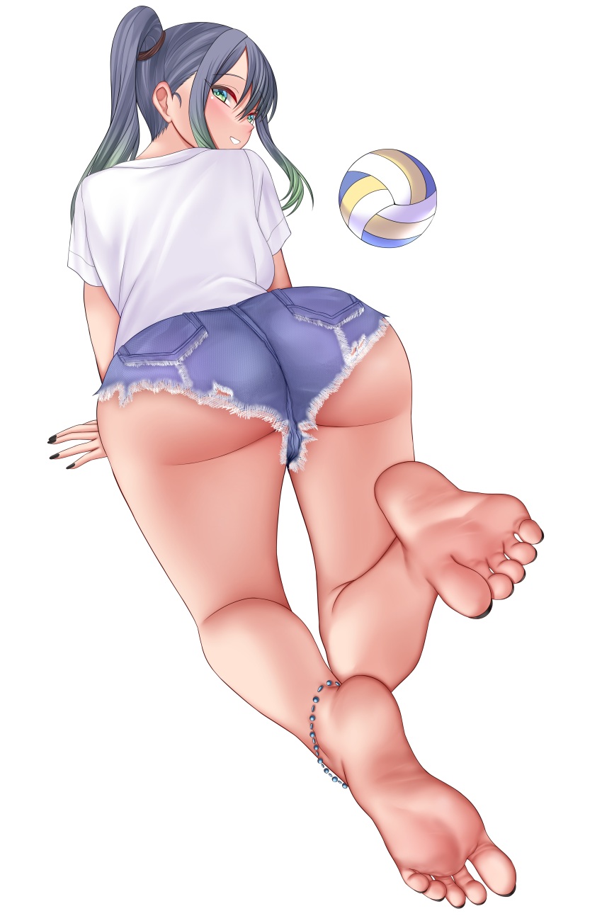 1girl, absurdres, anklet, ass, ass_focus, ball, barefoot, black_hair, feet, foot_focus, gradient_hair, green_eyes, green_hair, highres, jewelry, kurokawa_akane, light_blush, long_hair, looking_at_viewer, looking_back, makudesu, micro_shorts, micro_star_international, multicolored_hair, nail_polish, oshi_no_ko, parted_lips, shirt, short_shorts, shorts, side_ponytail, smile, soles, solo, t-shirt, toenail_polish, toenails, toes, two-tone_hair, volleyball_(object), white_background