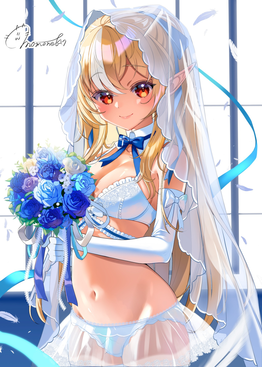 1girl, blonde_hair, blue_bow, blue_bowtie, blue_ribbon, bouquet, bow, bowtie, bra, breasts, bridal_lingerie, bridal_veil, closed_mouth, commentary_request, crossed_bangs, detached_collar, elbow_gloves, elf, falling_feathers, feathers, flower, frilled_bra, frills, gloves, hair_between_eyes, hair_ribbon, highres, holding, holding_bouquet, hololive, lace, lace-trimmed_skirt, lace_trim, lingerie, long_hair, looking_at_viewer, medium_breasts, miniskirt, momone_cco, multicolored_hair, navel, orange_eyes, panties, pants, pointy_ears, ponytail, ribbon, see-through_clothes, see-through_skirt, shiranui_flare, sidelocks, skirt, smile, solo, stomach, streaked_hair, underwear, veil, very_long_hair, virtual_youtuber, white_bra, white_gloves, white_panties, white_pants