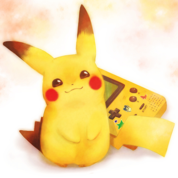full_body, game_boy, game_boy_color, game_boy_pocket, gen_1_pokemon, handheld_game_console, kuina_(escapegoat), nintendo, no_humans, pikachu, pokemon, pokemon_(creature), smile, solo