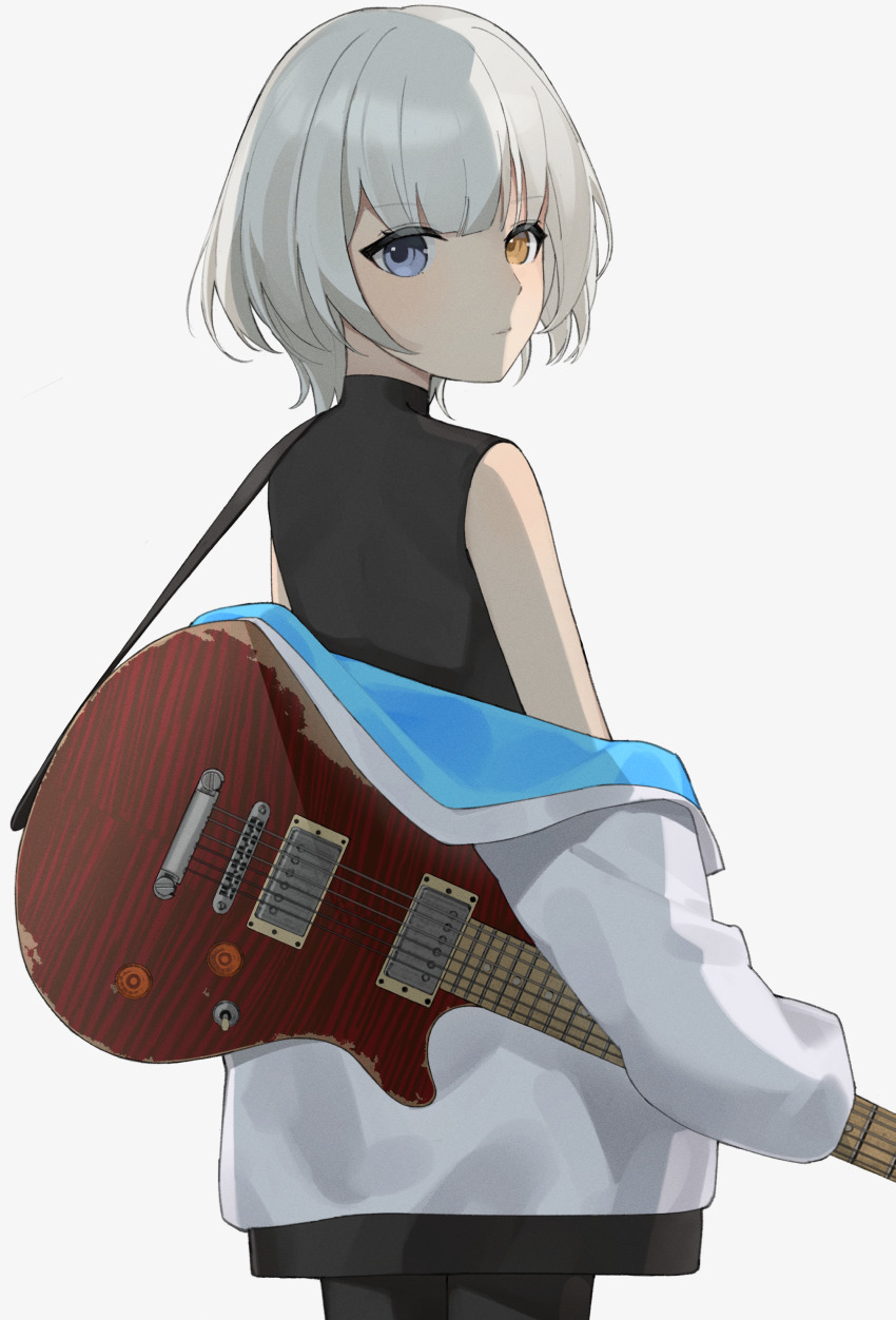 1girl, absurdres, bang_dream!, bang_dream!_it's_mygo!!!!!, black_shirt, blue_eyes, commentary, electric_guitar