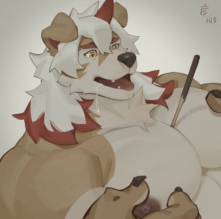 1boy, arknights, bara, claws, colored_tips, drooling, fangs, food, food_between_pectorals, furry, furry_male, horns, hung_(arknights), komainu_boy, komainu_ears, male_focus, multicolored_hair, munax_od, muscular, muscular_male, navel, open_mouth, orange_eyes, pectorals, pocky, single_horn, topless_male