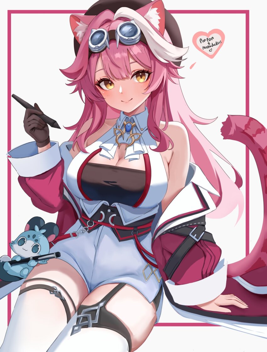 1girl, animal_ears, ascot, bare_shoulders, beret, black_garter_straps, black_hat, blue_gem