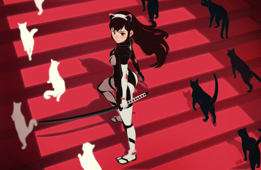 1girl, animal, black_cat, breasts, cat, from_above, headset, highres