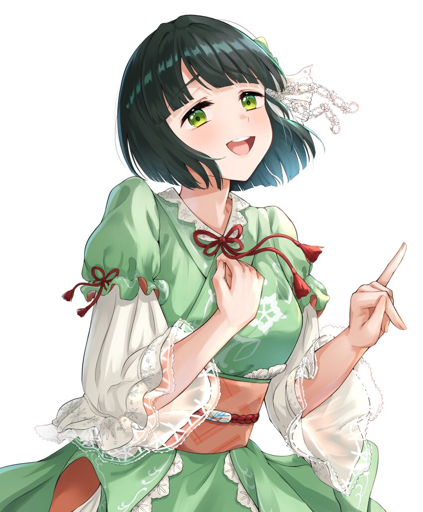 1girl, 3rd_live_tour_try_tri_unity!!!, absurdres, aoku_haruka, black_hair, blunt_bangs, blunt_ends, blush, cowboy_shot, dress, flower_knot, green_dress, green_eyes, green_kimono, grin, highres, ixianim, japanese_clothes, kimono, kimono_dress, lace, lace-trimmed_dress, lace_trim, layered_sleeves, leg_up, link!_like!_love_live!, long_sleeves, looking_at_viewer, love_live!, momose_ginko, obi, obiage, orange_sash, pinky_out, puffy_short_sleeves, puffy_sleeves, sash, short_hair, short_sleeves, simple_background, three-quarter_sleeves, smile, solo, virtual_youtuber, white_background