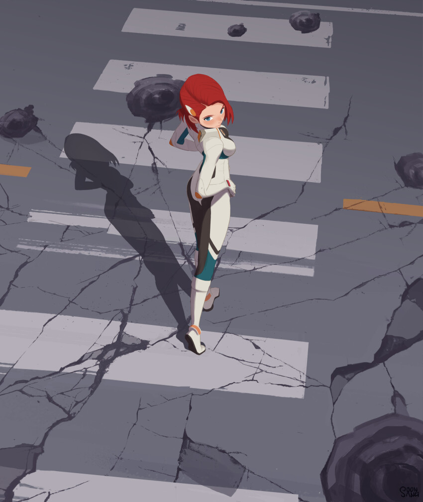 1girl, bodysuit, concrete, crack, crosswalk, destruction, from_above, hair_ornament