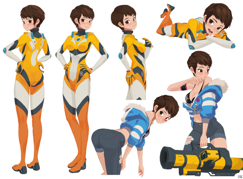 1girl, armband, bikini, blue_jacket, bodysuit, brown_eyes, brown_hair, denim, hands_on_own_hips, highres, hong_soon-sang, jacket, looking_back, lying, multicolored_bodysuit, on_stomach, original, reference_sheet, science_fiction, short_hair, solo, swimsuit, two-tone_bodysuit, very_short_hair, weapon, yellow_bodysuit
