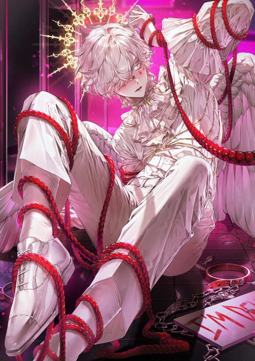 1boy, arm_up, ascot, belt, blush, chain, cross, cross_earrings