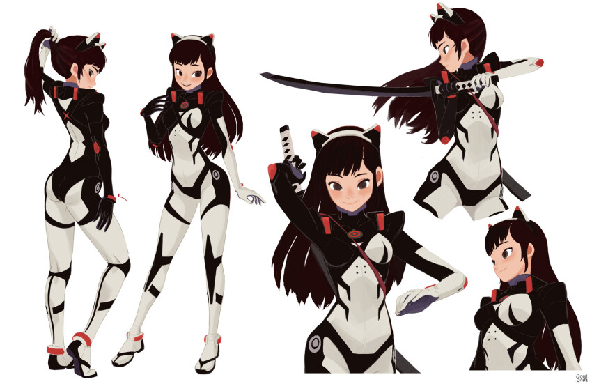 1girl, animal_ears, black_bodysuit, black_hair, bodysuit, headset, highres, holding, holding_sword, holding_weapon, hong_soon-sang, katana, long_hair, original, reference_sheet, solo, standing, strap, sword, two-tone_background, weapon, white_background