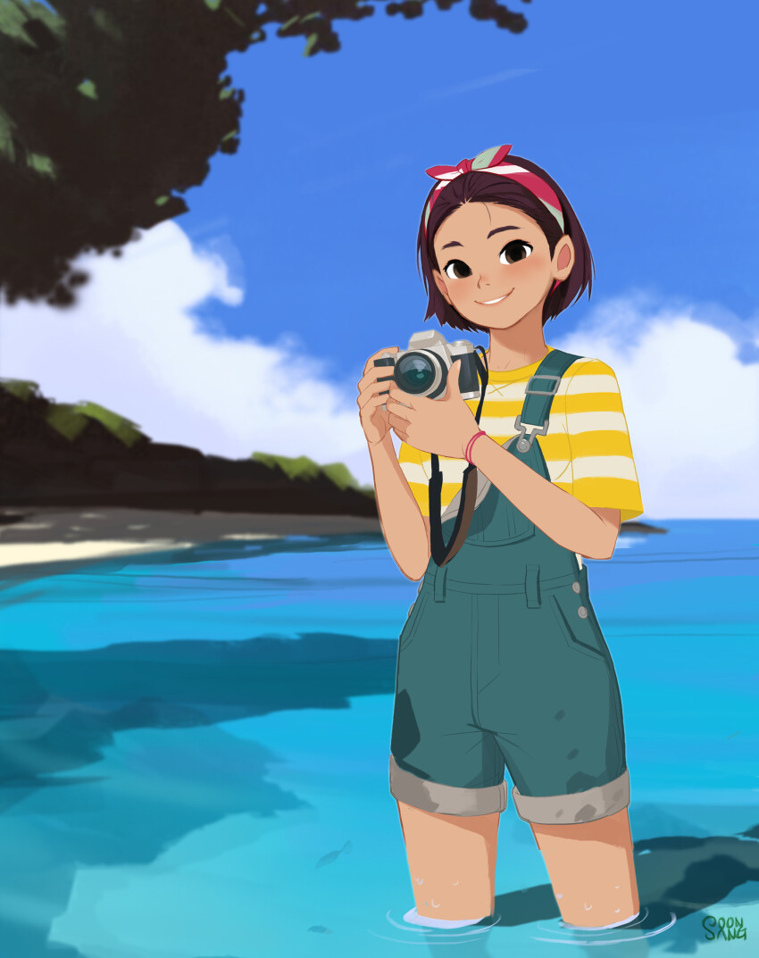 1girl, absurdres, camera, cloud, denim, hairband, highres, holding