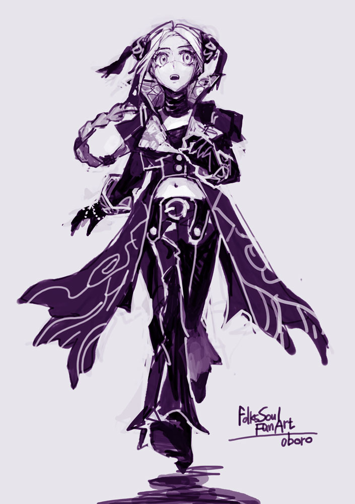 1girl, braid, braided_ponytail, cloak, ellen_(folkssoul), folkssoul, gloves, navel