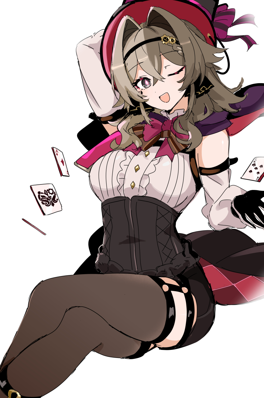 1girl, absurdres, awe_(adorableduckyy), bare_shoulders, black_corset, black_gloves, bow, bowtie