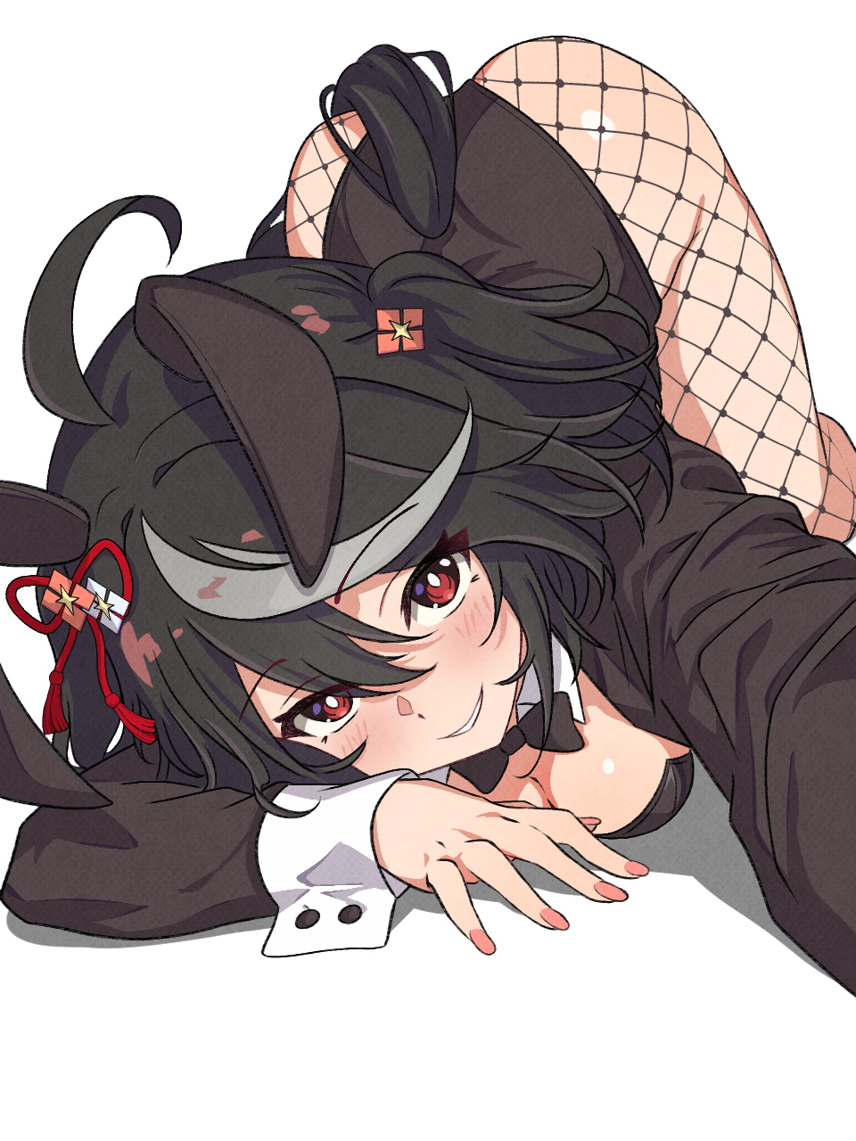 1girl, ahoge, animal_ears, black_bow, black_bowtie, black_hair, black_leotard, blush, bow, bowtie, bright_pupils, commentary, detached_collar, ear_covers, fishnet_pantyhose, fishnets, grin, highres, horse_girl, horse_tail, kitasan_black_(umamusume), leotard, long_sleeves, looking_at_viewer, multicolored_hair, pantyhose, playboy_bunny, rabbit_ears, red_eyes, short_hair, simple_background, smile, solo, strapless, strapless_leotard, streaked_hair, tail, teeth, top-down_bottom-up, umamusume, wa_(wamizest7), white_background, white_hair