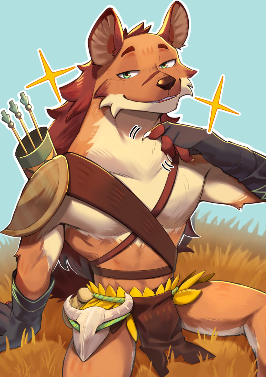 1boy, absurdres, afk_(series), animal_nose, armor, arrow_(projectile), brown_fur, brown_hair, claws, fingerless_gloves, furry, furry_male, gloves, grass, highres, hyena_boy, hyena_ears, kenjilo_(kenjilokung), loincloth, looking_at_viewer, male_focus, mane, odie_(afk), on_ground, pauldrons, quiver, scar, scar_on_face, scar_on_nose, scratching_neck, shoulder_armor, single_pauldron, sitting, smile, sparkle