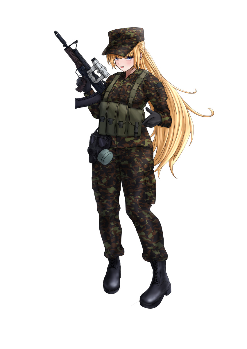 1girl, a_normal_tent, absurdres, assault_rifle, blonde_hair, blue_eyes, boots, bullpup