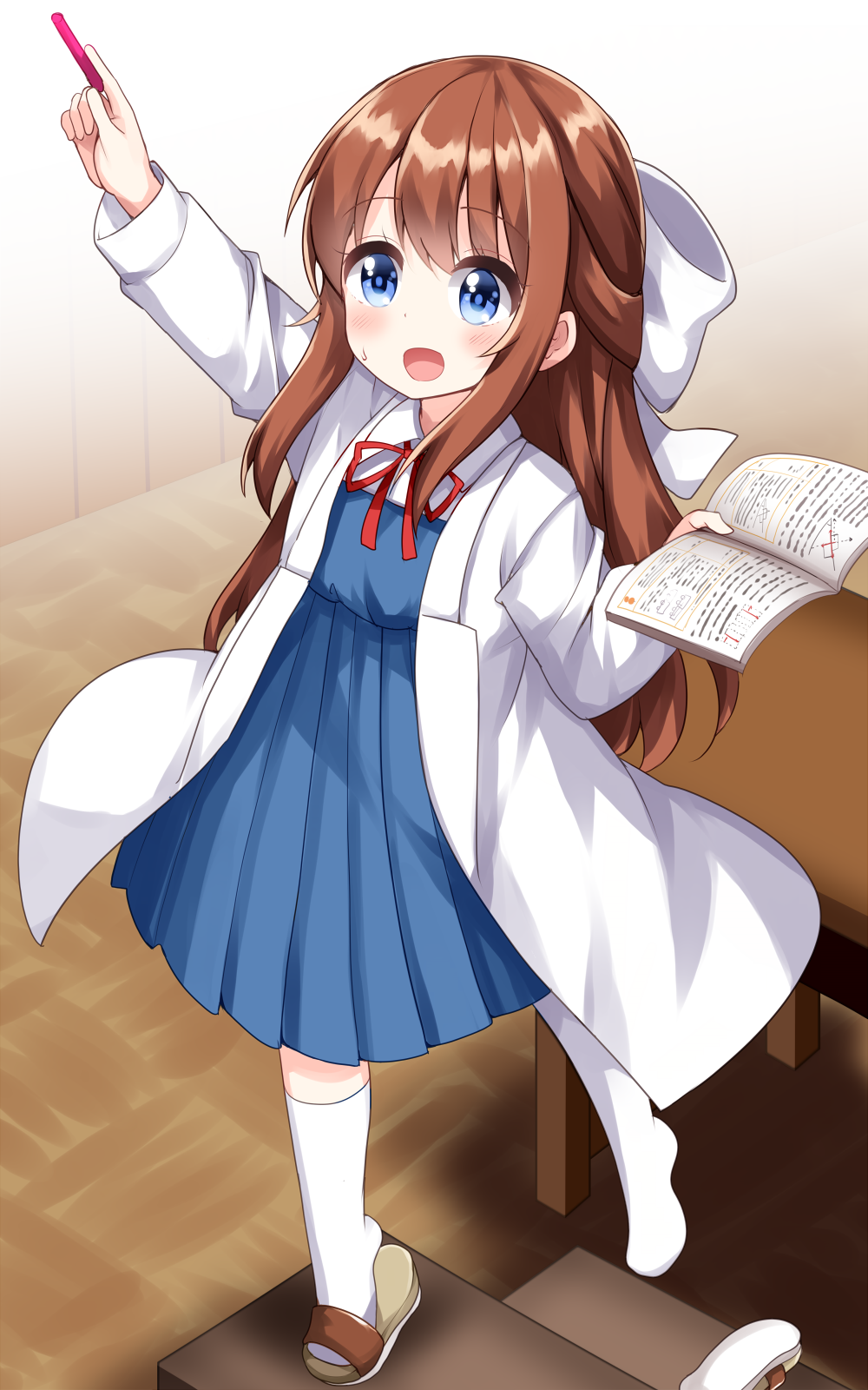 1girl, arm_up, blue_dress, blue_eyes, blush, book, bow, brown_hair