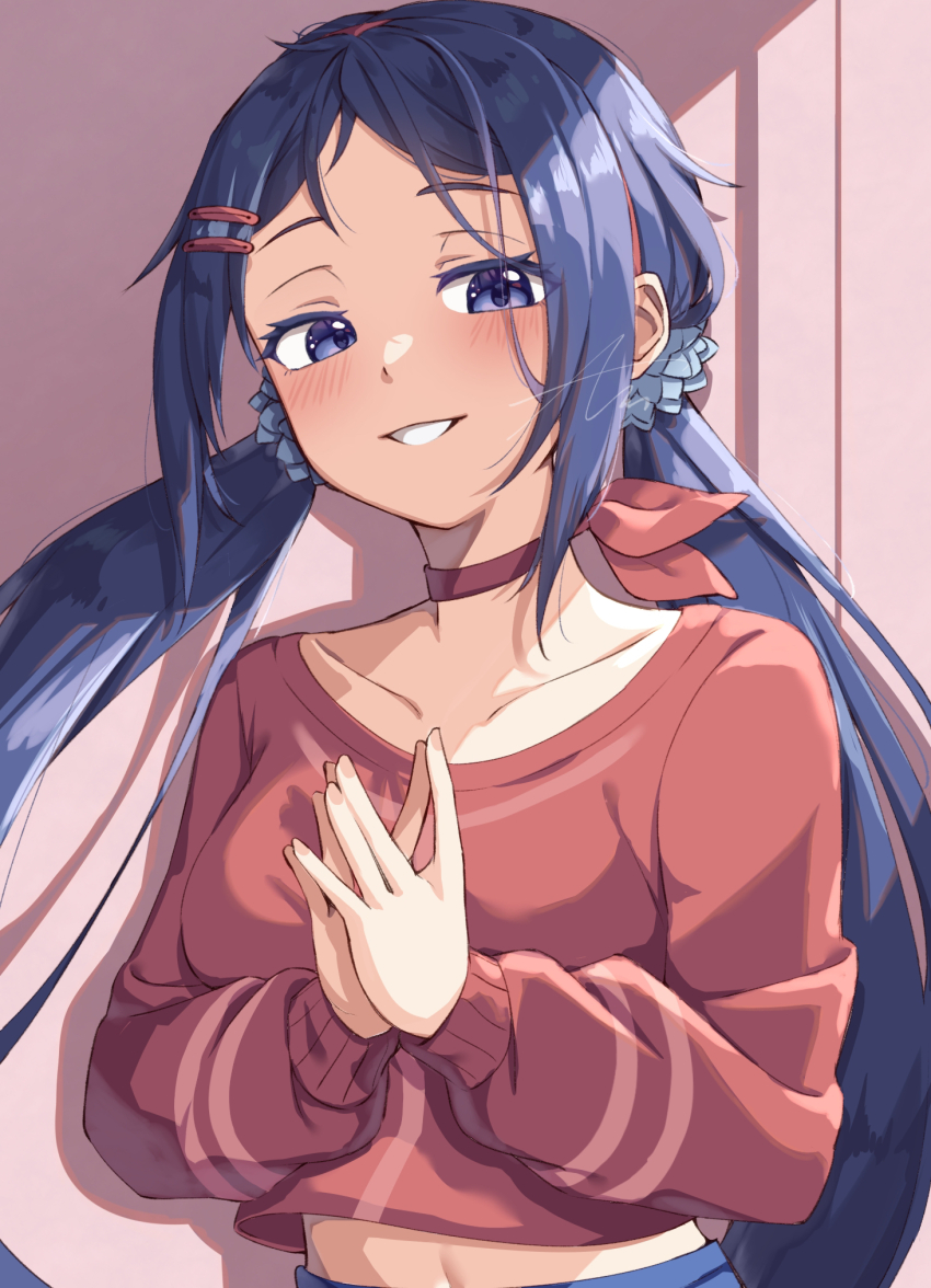 1girl, blue_eyes, blue_hair, blue_skirt, choker, commentary, crazy_mita_(miside), cropped_shirt, fingernails, hair_ornament, hairband, hairclip, highres, ice_cream_(aisu_aisu_9898), long_hair, looking_at_viewer, low_twintails, midriff, midriff_peek, miside, mita_(miside), navel, neck_ribbon, own_hands_together, red_choker, red_hairband, red_ribbon, red_shirt, ribbon, shirt, signature, skirt, smile, solo, sweater, twintails, upper_body