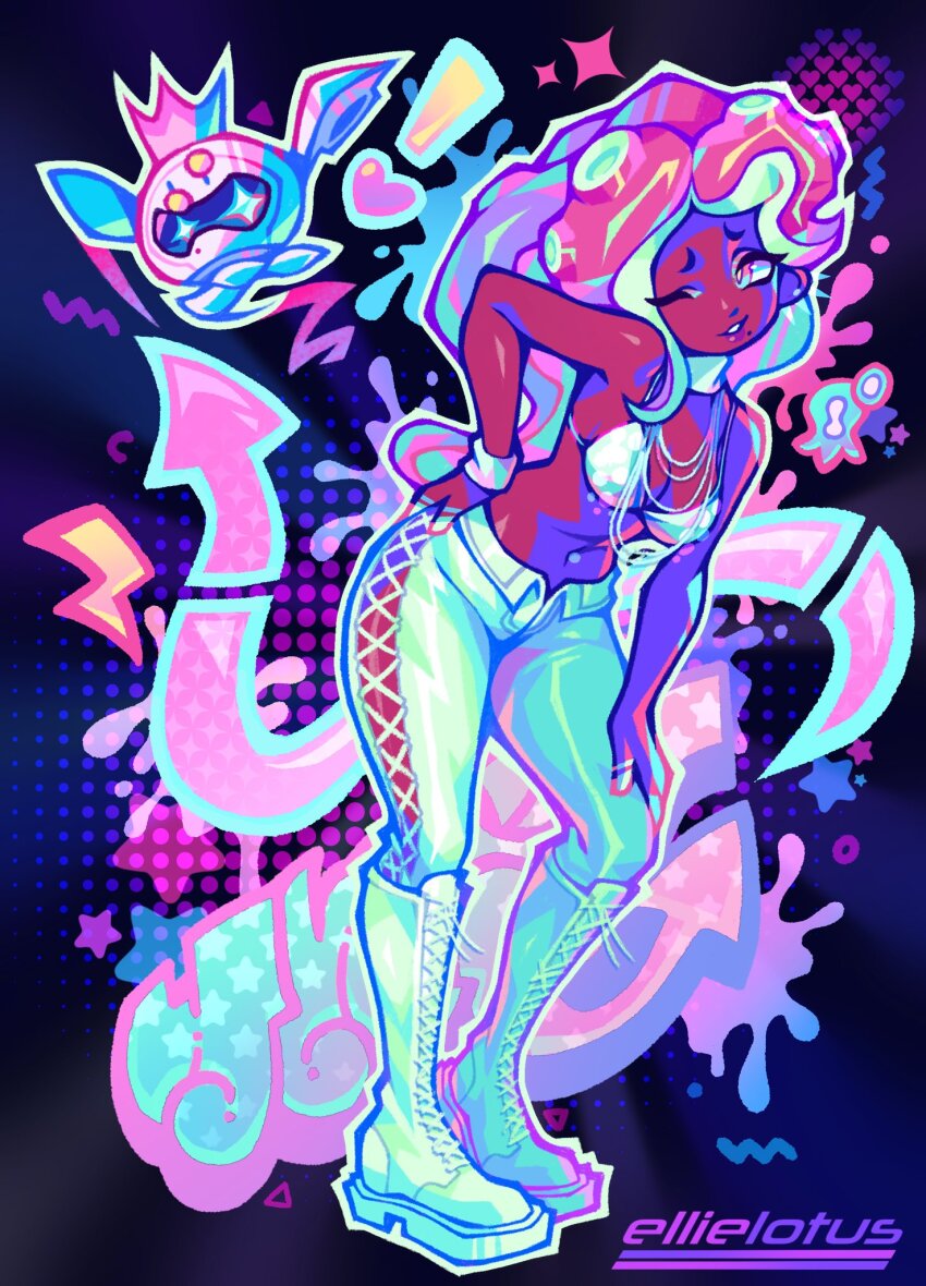 1girl, blue_background, boots, bra, breasts, dark-skinned_female, dark_skin, ellie_lotus