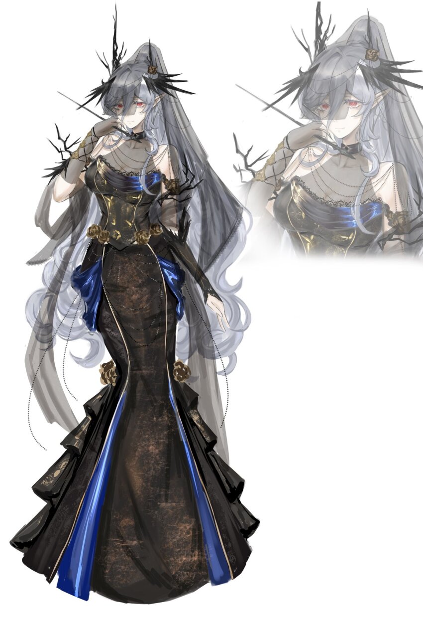 1girl, arknights, bare_shoulders, black_dress, breasts, chloehonami, cleavage, dress, fingerless_gloves, gloves, grey_hair, highres, laqeramaline_(arknights), large_breasts, long_hair, multiple_views, pointy_ears, red_eyes, see-through_cleavage, see-through_clothes, see-through_gloves, see-through_veil, veil, very_long_hair, white_background