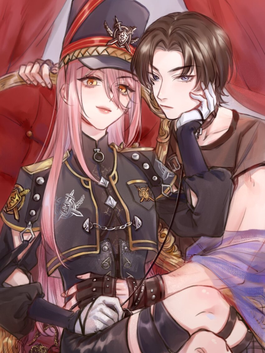 1boy, 1girl, arm_cutout, asymmetrical_hair, belt, binglanxianqi, black_belt, black_dress