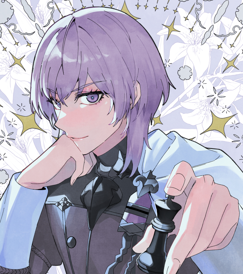 1boy, black_shirt, board_game, cape, cdgm000, chess, chess_piece, closed_mouth